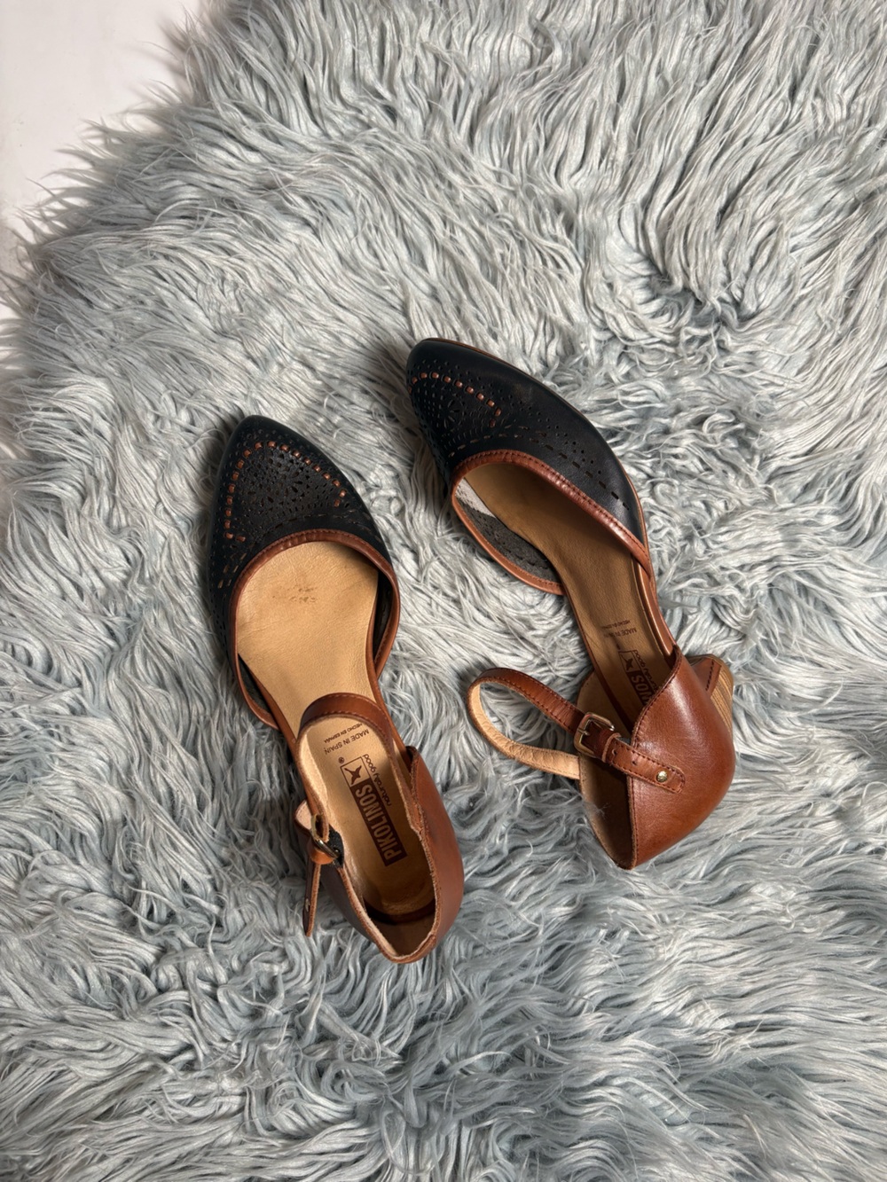 Pikolinos Elba leather laser cut perforated low block heel d’Orsay ankle strap